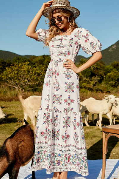 Floral Ruched Puff Sleeve Tiered Maxi Dress - Saveven.com