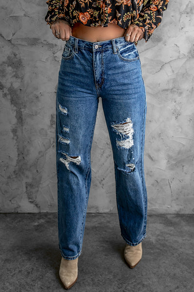 Distressed High Waist Jeans with Pockets - Saveven.com