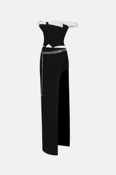 Contrast Off-Shoulder Top and Chain Detail Split Skirt Set