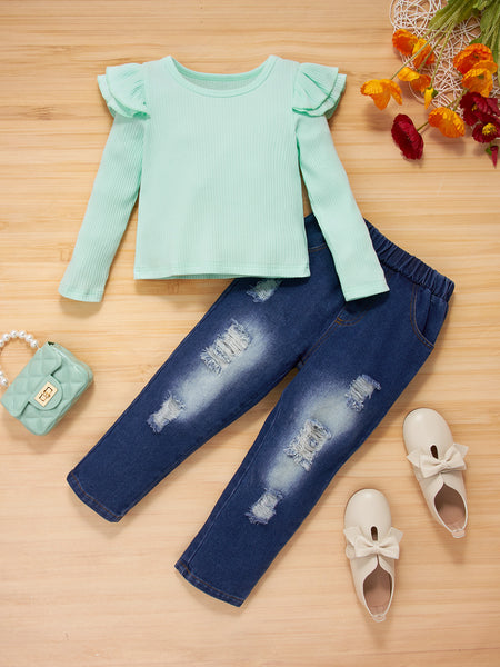 Girls Ruffle Shoulder Top and Destroyed Jeans Set