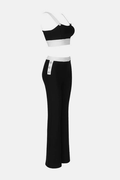 Contrast Decorative Button Cropped Cami and Flare Pants Set