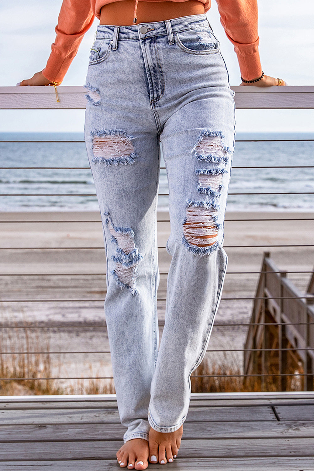 Distressed Straight Leg Jeans with Pockets - Saveven.com