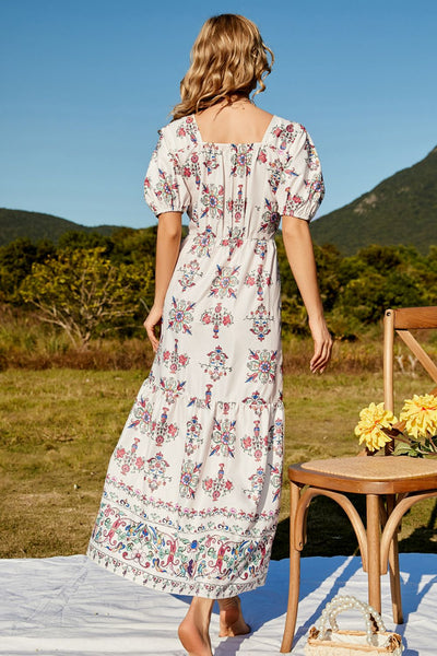 Floral Ruched Puff Sleeve Tiered Maxi Dress - Saveven.com