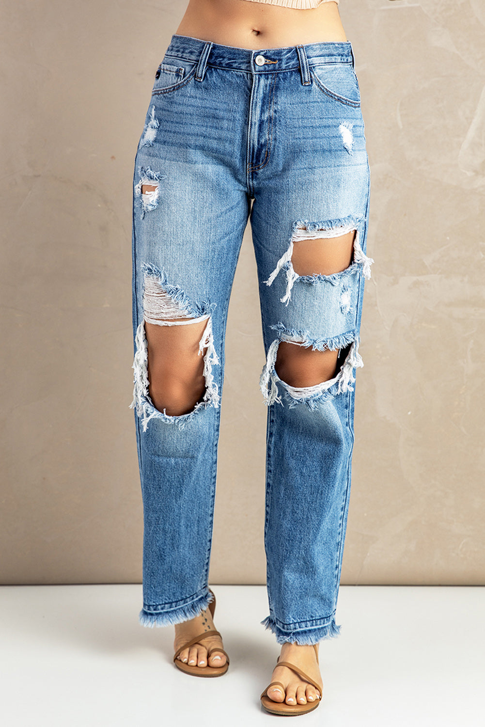 Frayed Hem Distressed Jeans with Pockets - Saveven.com