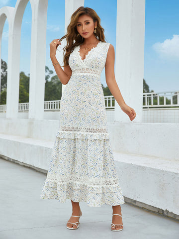 Printed Lace Detail Tiered Maxi Dress - Saveven.com
