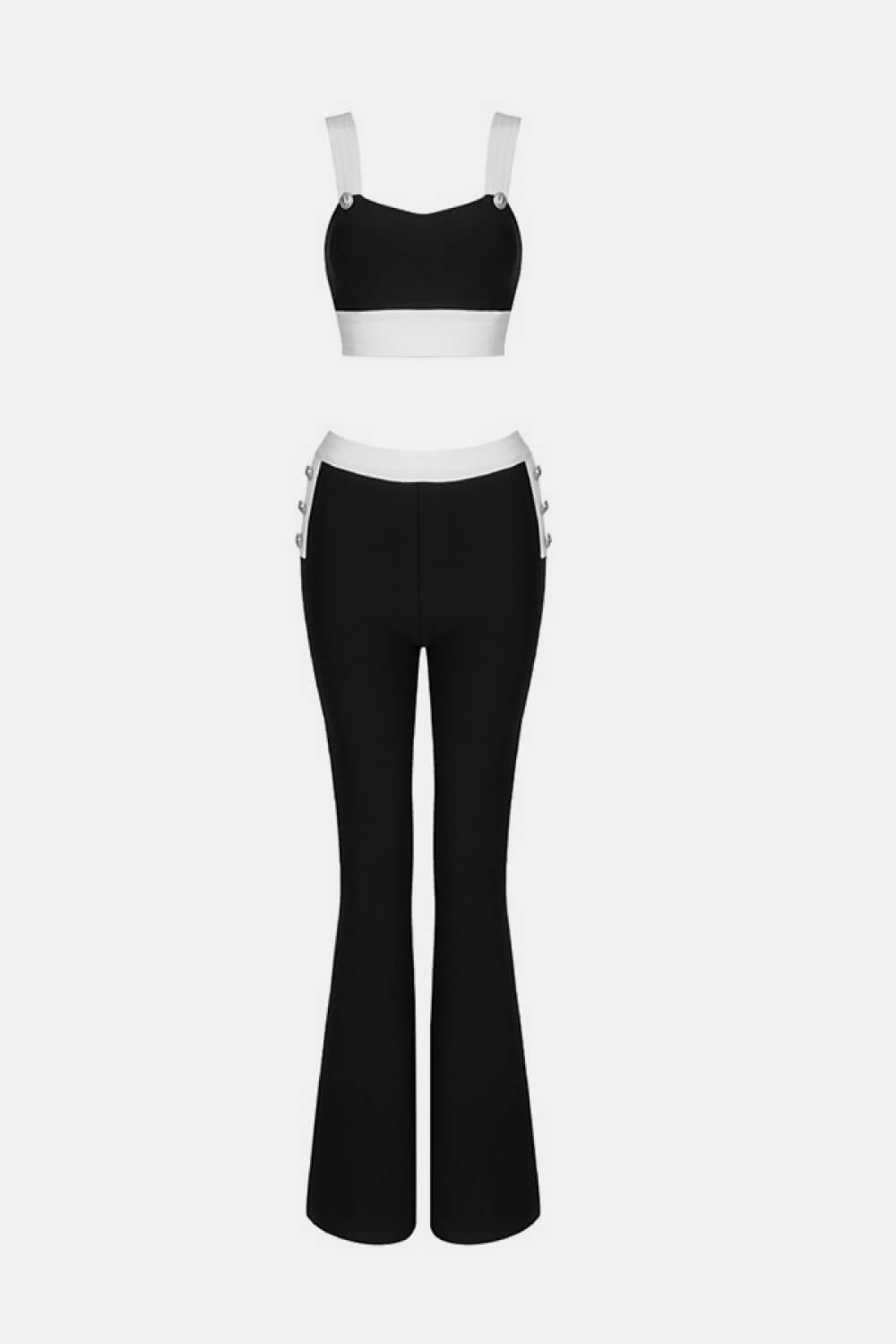 Contrast Decorative Button Cropped Cami and Flare Pants Set